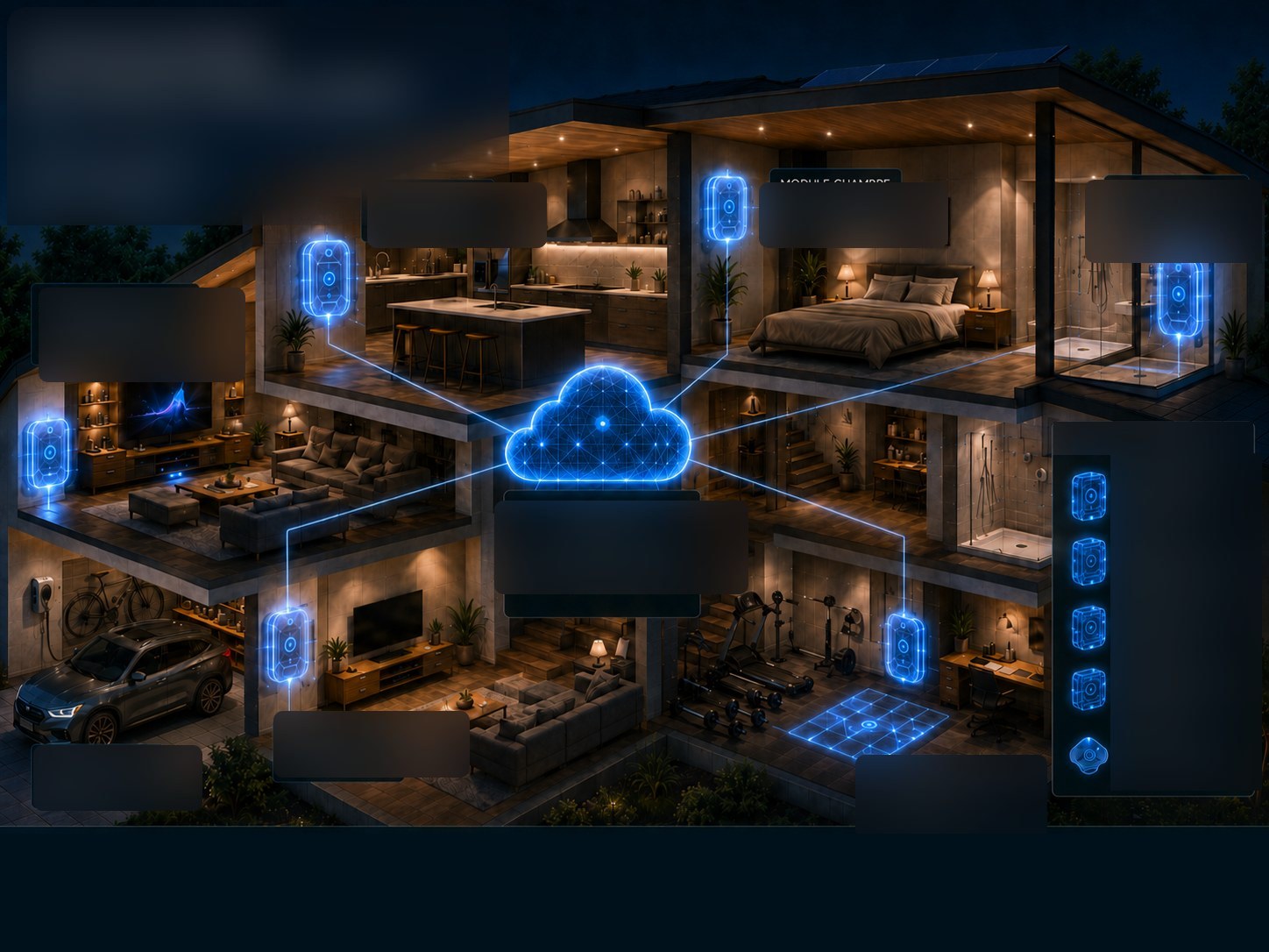 Écosystème de santé intelligent Obdurare : une maison connectée, des modules par pièce reliés à un cloud d'intelligence artificielle
